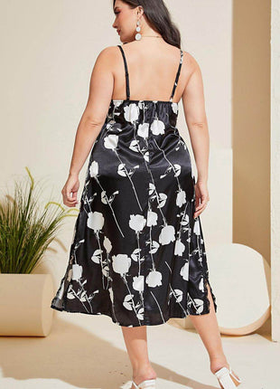 Plus Size Floral Lace Trim Side Slit Night Dress - MimiStylez