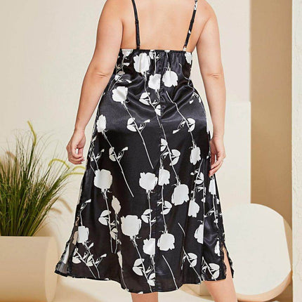 Plus Size Floral Lace Trim Side Slit Night Dress - MimiStylez