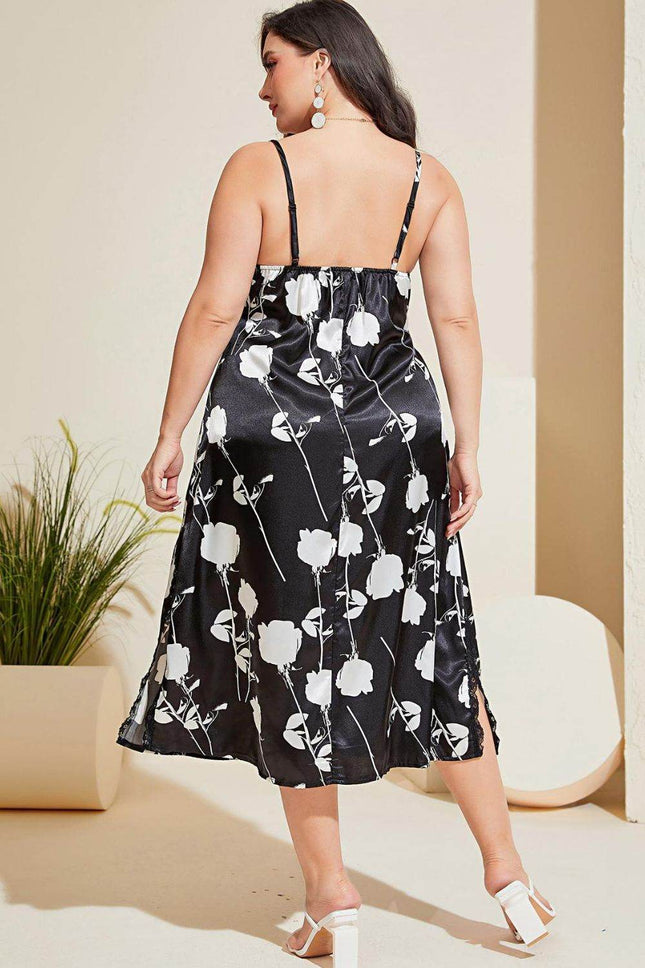 Plus Size Floral Lace Trim Side Slit Night Dress - MimiStylez