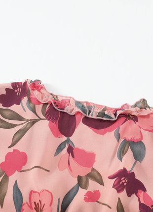 Floral Frill Trim Flounce Sleeve Plunge Maxi Dress - MimiStylez