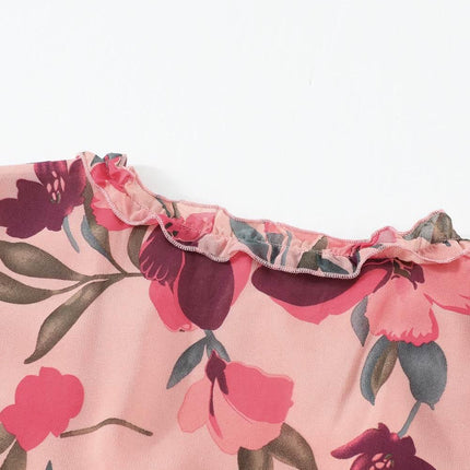 Floral Frill Trim Flounce Sleeve Plunge Maxi Dress - MimiStylez
