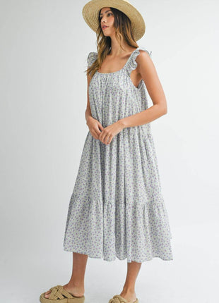MABLE Floral Ruffle Shoulder Tiered Midi Dress - MimiStylez