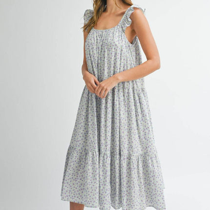 MABLE Floral Ruffle Shoulder Tiered Midi Dress - MimiStylez