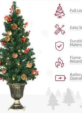 Prelit Christmas 4-Piece Set, Garland Wreath And Set Of 2 Entrance Trees With Warm White LED Lights, Red Berries, Pine Cones, Green