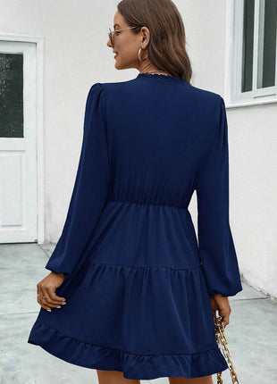 V-Neck Tie Neck Long Sleeve Dress - MimiStylez