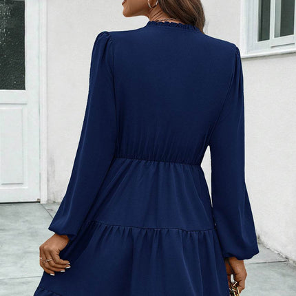 V-Neck Tie Neck Long Sleeve Dress - MimiStylez