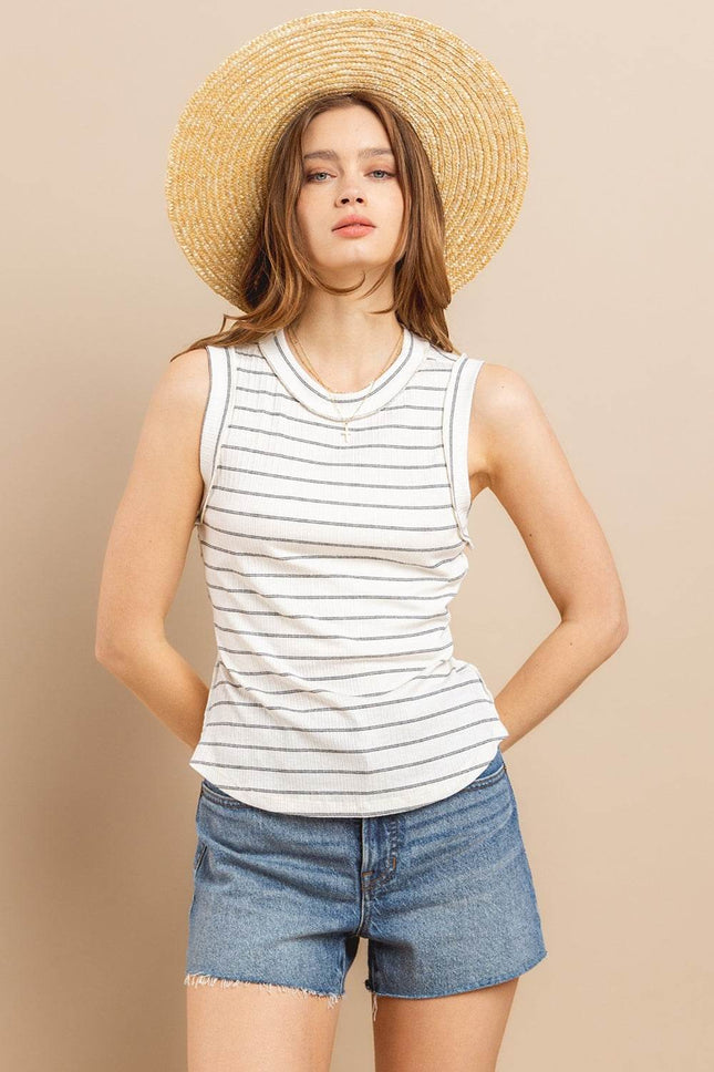 Ces Femme Striped Round Neck Tank - MimiStylez