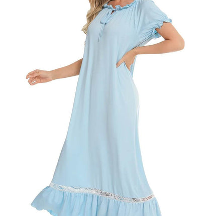 Lace Detail Short Sleeve Lounge Dress - MimiStylez