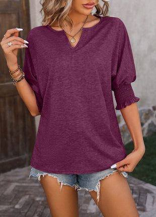 Heathered Notched Lantern Sleeve Blouse - MimiStylez