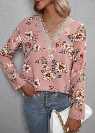 Printed V-Neck Long Sleeve Blouse - MimiStylez