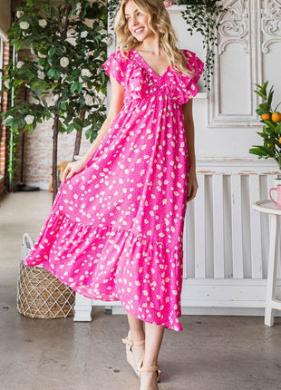 Reborn J Printed V-Neck Ruffle Trim Tiered Midi Dress - MimiStylez