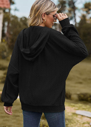 Drawstring Zip Up Dropped Shoulder Hoodie - MimiStylez