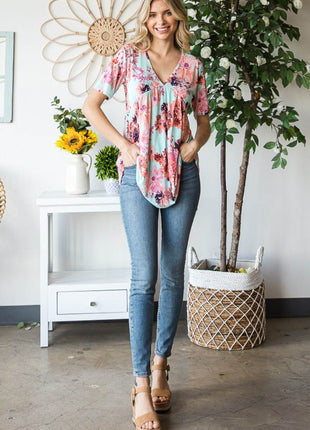 Heimish Full Size Floral V-Neck Short Sleeve Babydoll Blouse - MimiStylez