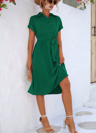Buttoned Tie Waist Short Sleeve Dress - MimiStylez
