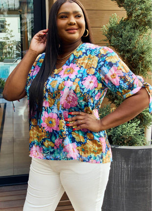 Petal Dew Full Size Floral V-Neck Tie Detail Blouse - MimiStylez