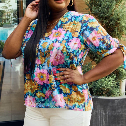 Petal Dew Full Size Floral V-Neck Tie Detail Blouse - MimiStylez