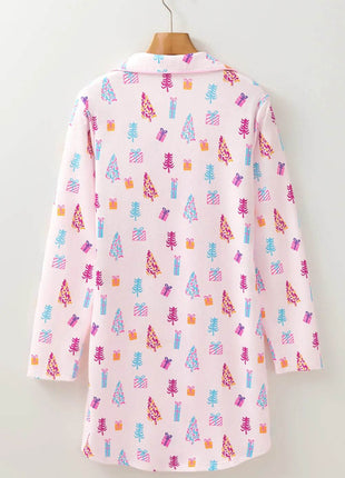 Printed Collared Neck Long Sleeve Lounge Dress - MimiStylez