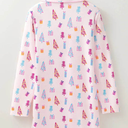 Printed Collared Neck Long Sleeve Lounge Dress - MimiStylez