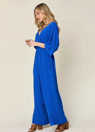 Double Take Full Size Surplice Wide Leg Jumpsuit with Pockets - MimiStylez