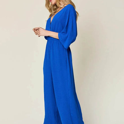 Double Take Full Size Surplice Wide Leg Jumpsuit with Pockets - MimiStylez