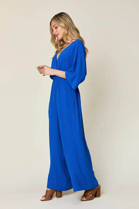 Double Take Full Size Surplice Wide Leg Jumpsuit with Pockets - MimiStylez