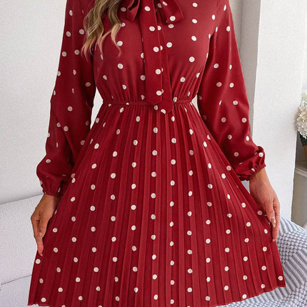 Polka Dot Tie Neck Pleated Dress - MimiStylez