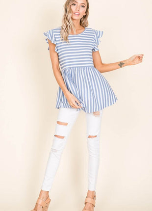 BOMBOM Striped Round Neck Blouse - MimiStylez