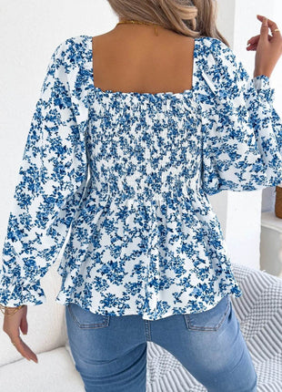 Floral Square Neck Flounce Sleeve Blouse - MimiStylez
