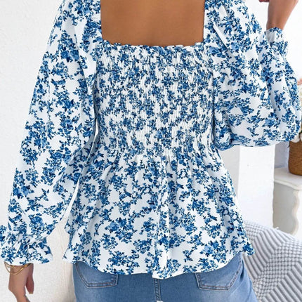 Floral Square Neck Flounce Sleeve Blouse - MimiStylez