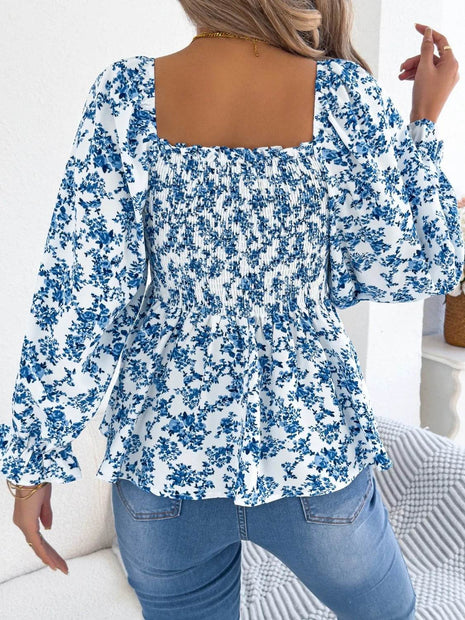 Floral Square Neck Flounce Sleeve Blouse - MimiStylez