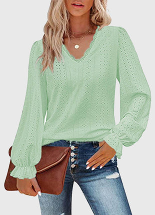 Eyelet V-Neck Flounce Sleeve Blouse - MimiStylez