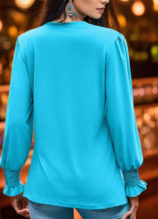 Notched Smocked Flounce Sleeve Blouse - MimiStylez