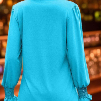 Notched Smocked Flounce Sleeve Blouse - MimiStylez