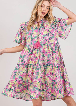 SAGE + FIG Floral Ruffle Short Sleeve Dress - MimiStylez