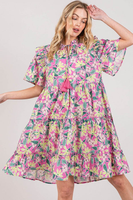 SAGE + FIG Floral Ruffle Short Sleeve Dress - MimiStylez