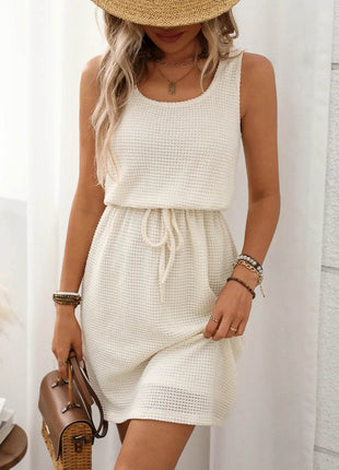 Waffle-Knit Drawstring Mini Tank Dress - MimiStylez