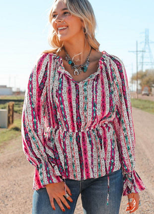 Multicolour Western Print Split Neck Peplum Blouse - MimiStylez