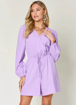 Double Take Full Size Drawstring Long Sleeve Romper - MimiStylez