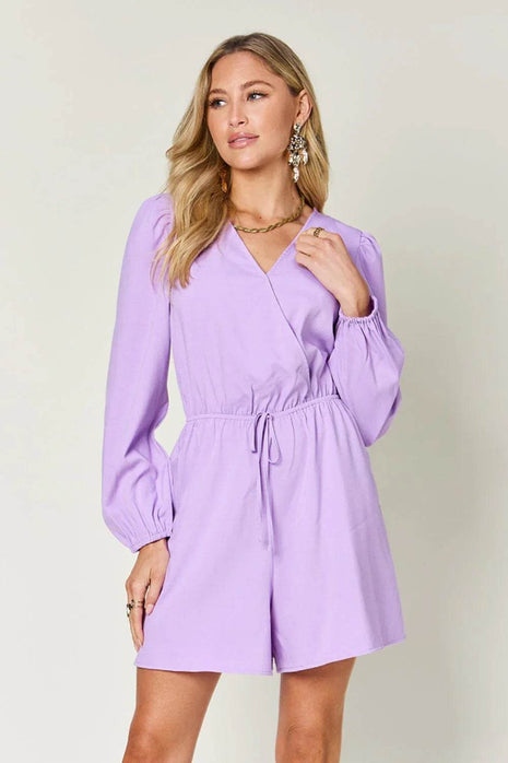 Double Take Full Size Drawstring Long Sleeve Romper - MimiStylez