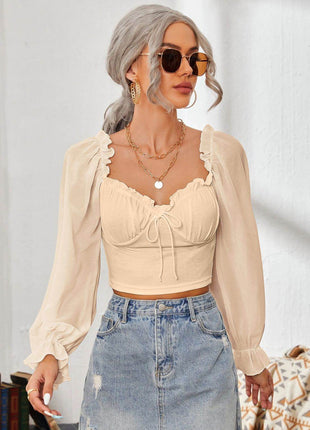 Mesh Sweetheart Neck Flounce Sleeve Top - MimiStylez
