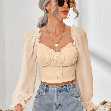 Mesh Sweetheart Neck Flounce Sleeve Top - MimiStylez