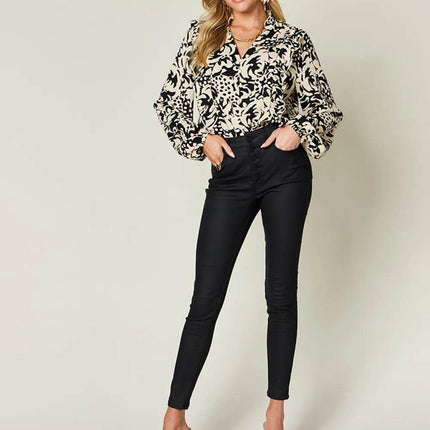 Double Take Full Size Printed Ruffle Trim Balloon Sleeve Shirt - MimiStylez