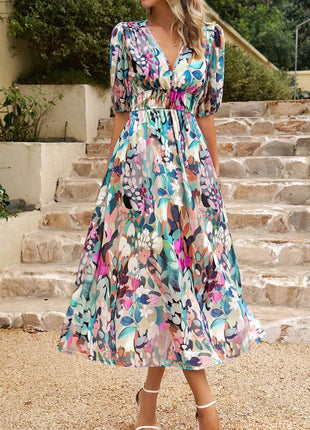 Printed Puff Sleeve Midi Dress - MimiStylez