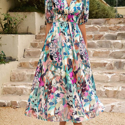Printed Puff Sleeve Midi Dress - MimiStylez