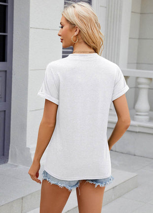 Decorative Button Notched Short Sleeve T-Shirt - MimiStylez
