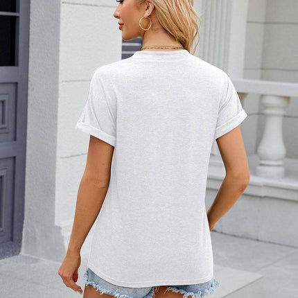Decorative Button Notched Short Sleeve T-Shirt - MimiStylez