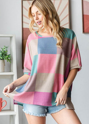 HOPELY Full Size Checkered Round Neck Side Slit T-Shirt - MimiStylez