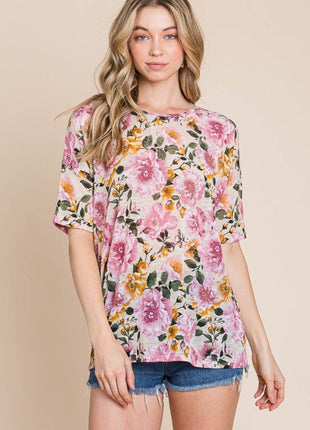 BOMBOM Floral Round Neck T-Shirt - MimiStylez
