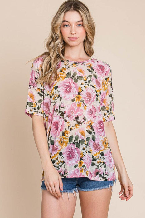 BOMBOM Floral Round Neck T-Shirt - MimiStylez
