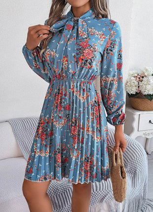Pleated Printed Tie Neck Long Sleeve Dress - MimiStylez
